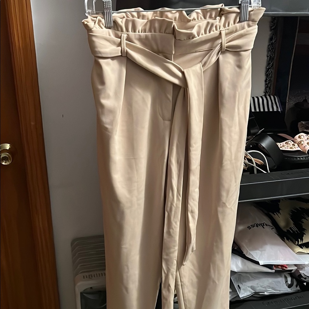 Women's Cream Paperbag Waist Pants